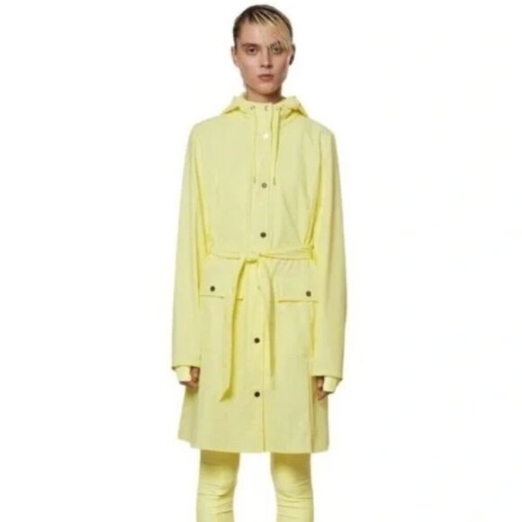 Rains Jacket Curve Long Straw Yellow Hooded Belted Pockets Zipper Buttons - Picture 1 of 16